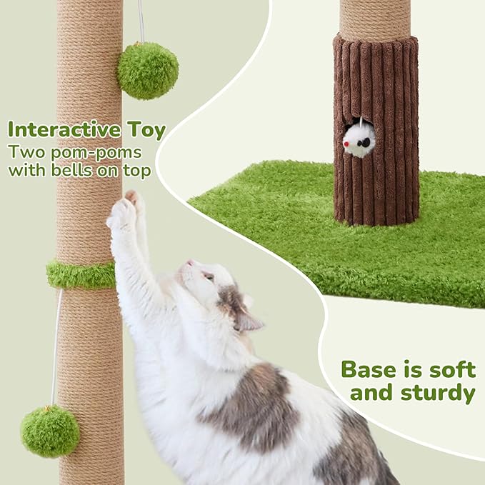33" Tall Cat Scratching Post for Indoor Cats, Premium Sisal Scratch Posts with Cat Toys and Fun Mouse Holer for Cats at All Ages, Scratcher Tree with Reinforced Stable Base (Green)-Mewly Pet