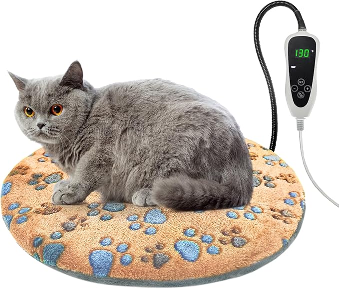 Cat Heating Pad, 16 in Round Heated Bed Smart Thermostatic Switch, Add Wire Rope Cat Carpet Puppy Whelping Supplies, Comes with a Plush Cloth Cover - Apricot-Mewly Pet