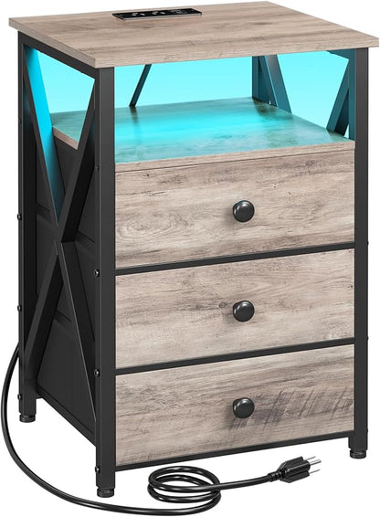 AMHANCIBLE LED Night Stand, Nightstand with Charging Station, Smart End Side Table with USB Port & Power Outlet, Bedside Table with 3 Fabric Drawers for Bedroom, Living Room, Greige HET053LGY1