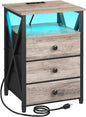 AMHANCIBLE LED Night Stand, Nightstand with Charging Station, Smart End Side Table with USB Port & Power Outlet, Bedside Table with 3 Fabric Drawers for Bedroom, Living Room, Greige HET053LGY1