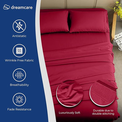 DREAMCARE Full Size Cooling Sheets - 4pcs Set - Soft & Long Lasting 100% Fine Brushed Polyester with Side Pocket - Burgundy