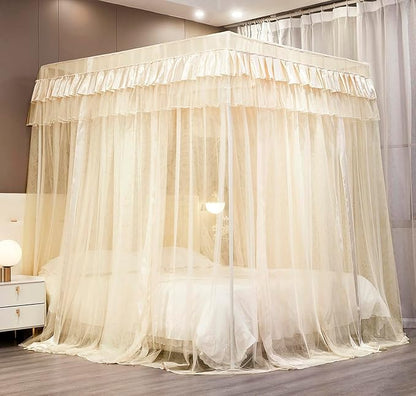 Mengersi Canopy Bed Curtains Full Sizes,Bed Canopy for Girls Royal Luxurious Cozy Bed Drapes Girls Room Decor(Ivory,Full)