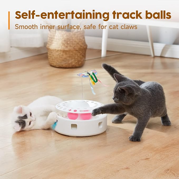Potaroma Cat Toys 3in1 Automatic Interactive Kitten Toy, Fluttering Butterfly, Moving Feather, Track Balls, Dual Power Supplies, USB Powered, Indoor Exercise Kicker (Bright White)-Mewly Pet