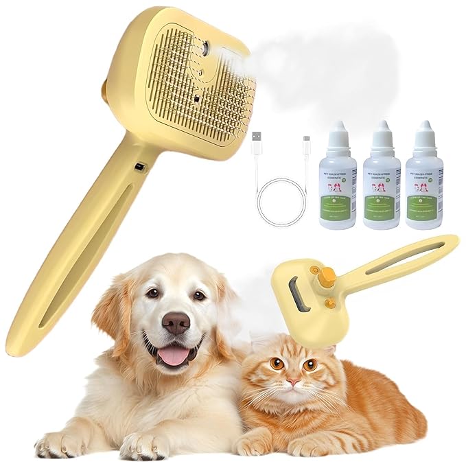 Pet Steam Brush Dog Four in One Multi-Purpose Cat Steam Brush Has Self-Cleaning Function Anti Static Massage Cleaning and Shedding Innovative Spray Function is Ideal for Cats and Dogs-Mewly Pet