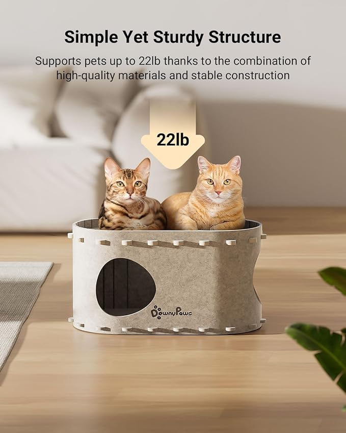 DownyPaws Cat House for Indoor Cats, Cat Bed Cave for Multiple & Large Cats Up to 22 Lbs, Scratch Resistant, Foldable Peekaboo Kitten Caves Tunnel Enclosed Bed, PeekaPurr, Cream-Mewly Pet