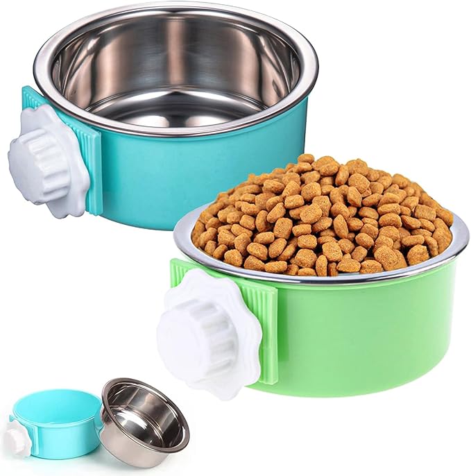 HERCOCCI Dog Crate Bowl, Removable Stainless Steel Pet Kennel Cage Hanging Food Bowls and Water Feeder Coop Cup Prevent Overflow for Puppy, Medium Dog, Cat, Rabbit, Ferret-Mewly Pet