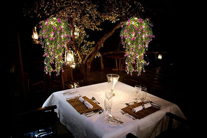 RECUTMS Artificial Hanging Plants with Lights Fake Hanging Plant Faux Eucalyptus Leaf Greenery Vine Outdoor UV Resistant Plastic Plants Home Garden Wedding Party Indoor Outdoor Decorations (Fuchsia)