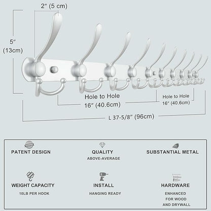 Dseap Coat Rack Wall Mount - 29.5” Long 8-Tri-Hooks Heavy Duty Coat Hanger Rail Wall Hooks for Hanging Coats Hats Clothing Clothes Purse Mudroom Entryway, Silver