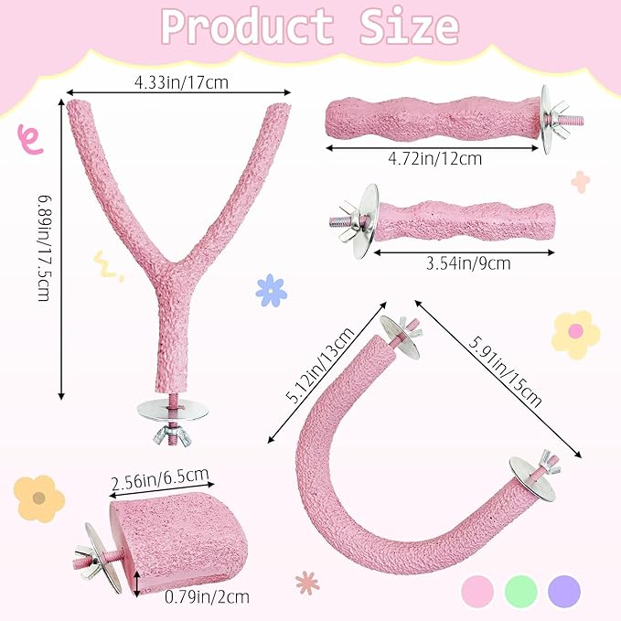 PINVNBY 5 Pack Bird Perch Resin Bird Beak Grinding Stone Parrot Cage Perch Stand Platform Foot Claws Trimmer Chew Toy Bird Cage Accessories for Budgie Cockatiel Conure Lovebird Finch (Pink)-Mewly Pet