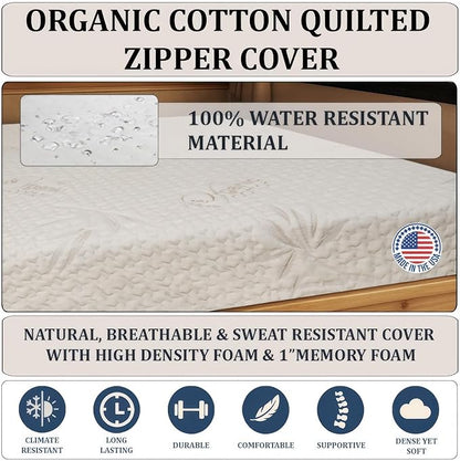 Foamma 3” x 35” x 79” Camper/RV Travel High-Density Bunk Mattress, Washable Organic Cotton Cover, Made in USA, Comfortable, Travel Trailer, CertiPUR-US Certified