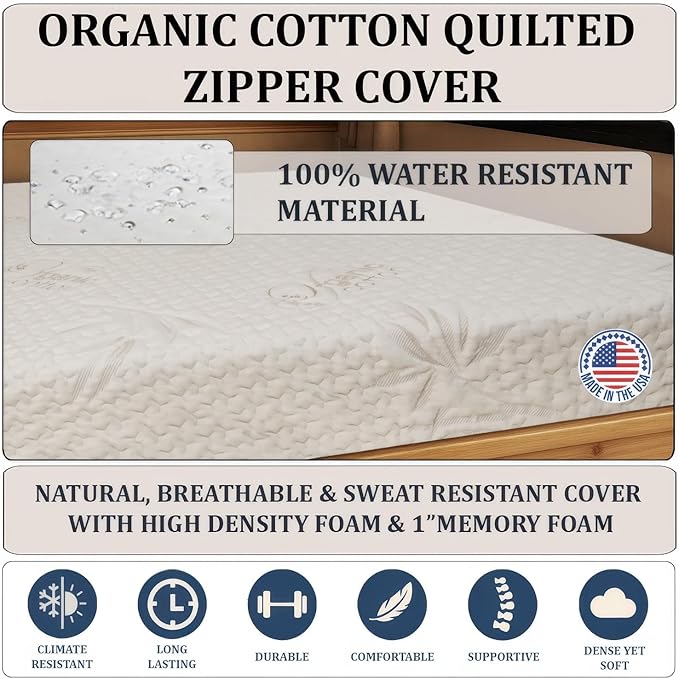 Foamma 6" x 36" x 72" Gel Memory Foam Mattress for RV with Water Resistant Organic Cotton Cover, Firm High Density Foam Base, USA Made, CertiPUR-US Certified