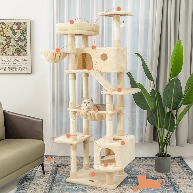 73 inches Large Cat Tree for Indoor Cats, Tall Cat Tower with Sisal Scratching Posts and Pads, Padded Plush Perch, Cozy Basket, Plush Condo for Large Cats (Beige)-Mewly Pet