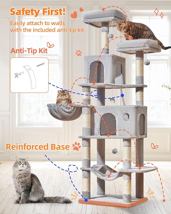 Taoqimiao Large Cat Tree，73-Inch Cat Tree Tower with 9 Scratching Posts for Indoor Cats, 2 Large Cat Condo with Hammock, Hanging Basket, 2 Extended Platform, Light Gray MS013XLW-Mewly Pet