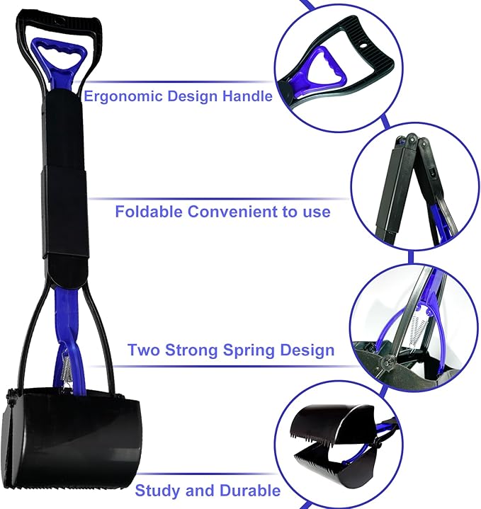 Pooper Scooper with Bags, 28" Long Handle Dog Poop Scooper for Large Medium Small Dogs, Durable Spring and High Strength Material Foldable Waste Pickup Tool for Easy Grass and Gravel Pick Up, Blue-Mewly Pet