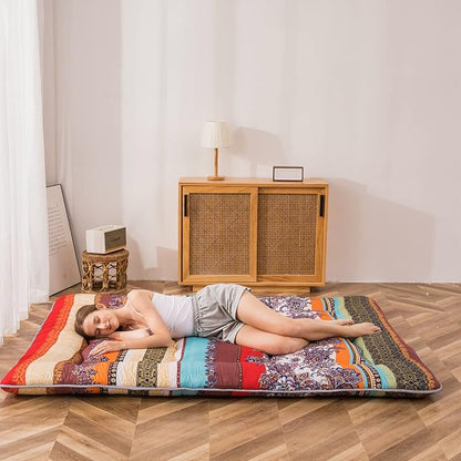 MAXYOYO Bohemian Retro Floor Mattress Vintage Floral Japanese Futon Mattress Roll Up Thicken Sleeping Bed Portable Camping Mattress Floor Lounger Couch Bed Pad, Twin Size
