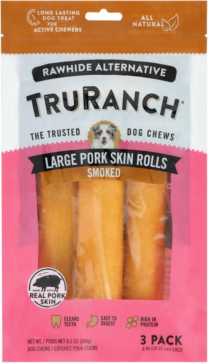 Large Pork Skin Rolls - Smoked Collagen Rolls - Collagen Chews for Dogs - Real Pork Skin - Rawhide Alternative - Easy to Digest Treat, 1 Bag, 3 Count-Mewly Pet