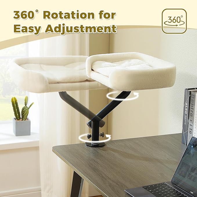 PAWZ Road Cat Desk Bed for Indoor Cats, Cat Bed for Desk Supports Up to 50 lbs, 360° Rotation & Adjustable, Nest Desktop Attachment Cats Hammock for Table, White-Mewly Pet