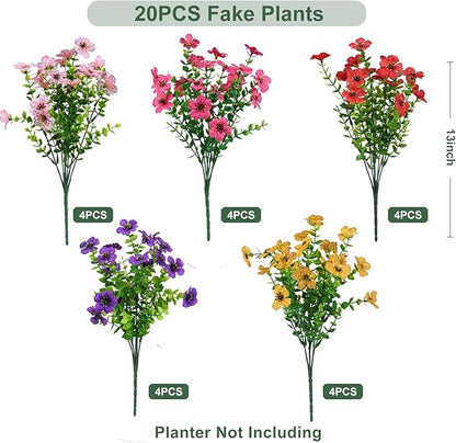 Artificial Flowers for Outdoor, UV Resistant Fake Silk Flowers, Realistic Faux Plants for Outside Indoor Porch Patio Window Box Planter Home Decor (20, Yellow Purple Rosy Pink Red)