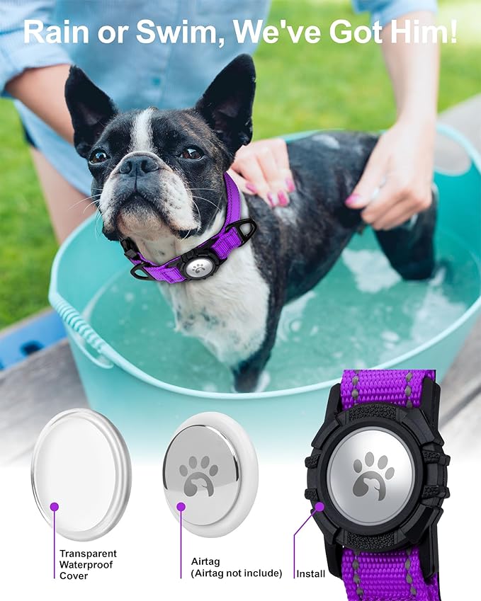 TagME Airtag Dog Collar,Waterproof Reflective Pet Collar with Airtag Holder,Soft Padded and Double D-Rings for Small Dogs,Purple-Mewly Pet