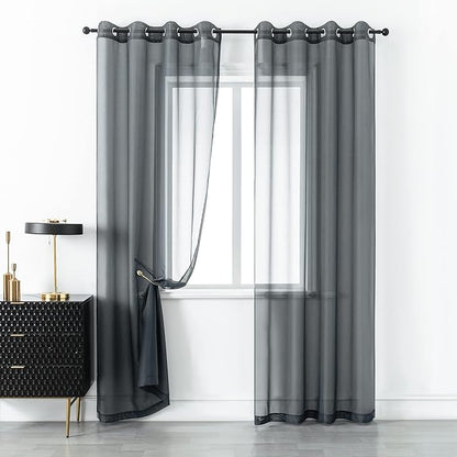 DUALIFE Charcoal Grey Sheer Curtains Grommet,Look Semi Sheer Windows Panels,Elegant Solid Color Touch Soft Drapes, 52X96 Inch for Living Room Bedroom,Set of 2 Panels