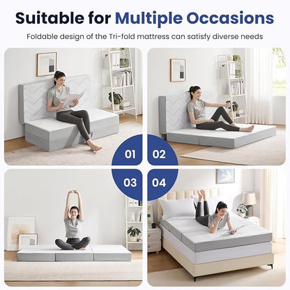 Foldable Mattress Single 4 inch -Portable White Memory Foam Folding Matress with Washable Cover for Camping Travel Guest Room Home Use-Non-Slip&Easy Storage