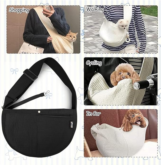 NATUYA Small Dog Carrier Sling Cat Sling-Dog Slings for Carrying Small Dogs-Adjustable Strap Hand Free Pet Puppy for Outdoor Traveling Subway (Black, Canvas-Adjustable Strap)-Mewly Pet