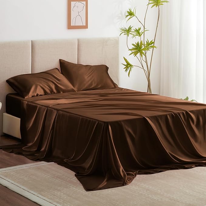 Love's cabin Full Size Satin Sheet Sets - 4 Piece Brown Silky Satin Sheet Set Full with Deep Pocket, Luxury Silk Feel Satin Bed Sheets Full Bedding Set (1 Flat Sheet,1 Fitted Sheet,2 Pillow Cases)