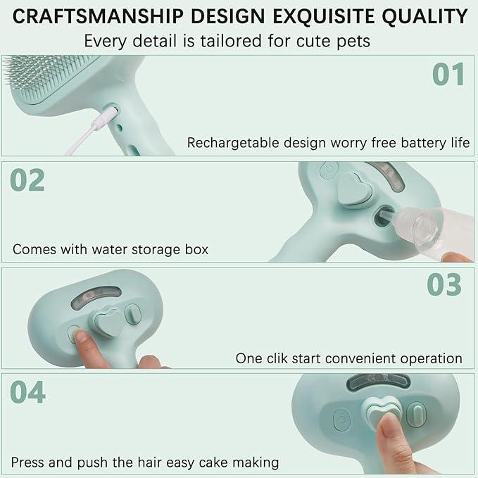 Pet Steam Brush for Cat & Dog – 4-in-1 De-Shedding, Steam Spray, and Self-Cleaning Grooming Tool – Ideal for Long and Short-Haired Pets– Includes 2 Bottles of 120 mL Waterless Shampoo(Green)-Mewly Pet