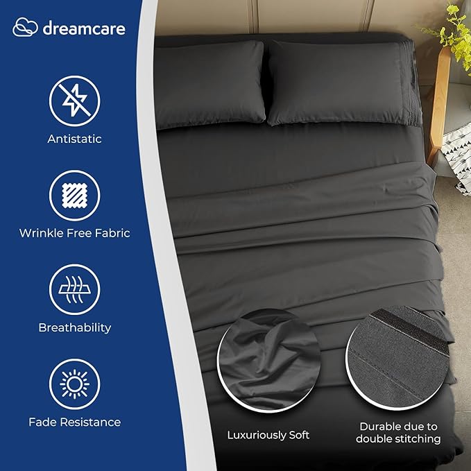 DREAMCARE California King Sheet Sets - Cooling Bed Sheets - 4pcs Set - up to 15" Deep Pocket Cal King Sheets - California King Sheets - Soft & Lasting 100% Brushed Polyester with Side Pocket - Gray