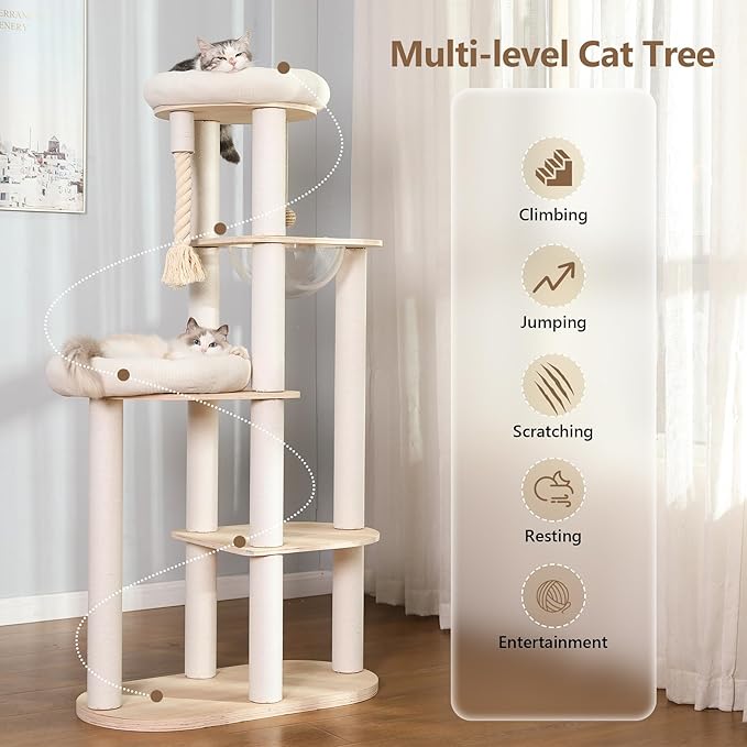 59" Modern Cat Tree Multi-Level Large Cat Tower Heavy Duty Cat Tree with Hammock,Cotton Scratching Post and Washable Cushions-Mewly Pet