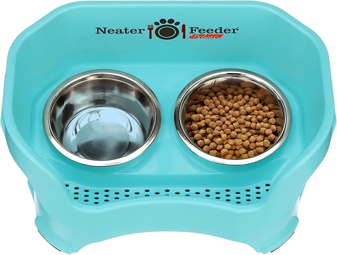 Neater Pet Brands Neater Feeder Deluxe Mess Proof Dog Bowls Elevated for Medium Dogs 19-40 lbs, Made in USA, No Spill Raised Dog Food Bowl Stand Feeding Station, Food and Water Bowl Set, Aquamarine-Mewly Pet