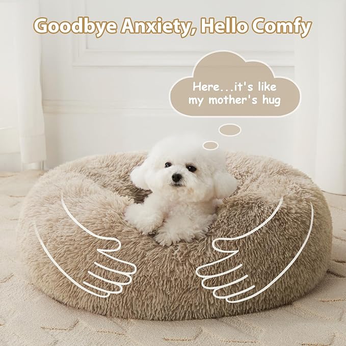 WNPETHOME Calming Dog Bed & Cat Bed, Anti-Anxiety Donut Small Dog Beds, Fluffy Faux Fur Cat Cushion Dogs Bed for Small Dogs and Pet (24 x 24 Inch, Brown)-Mewly Pet