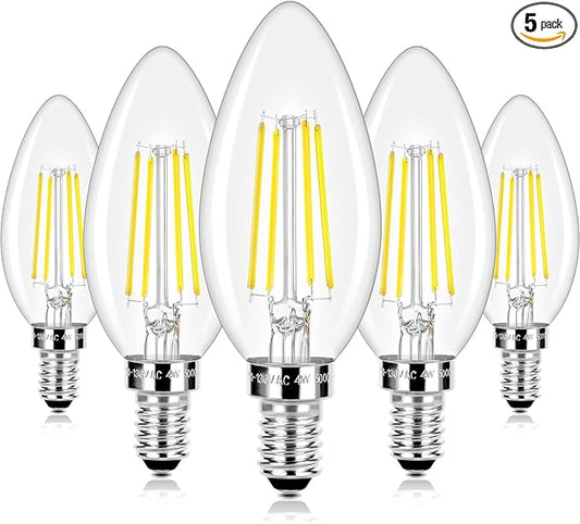 LED Candle Bulbs 40W Equivalent Dimmable, E12 Candelabra Light Bulbs 4W 470Lm Clear Edison LED Bulb, Daylight White 5000K B11 Classic Bright Filament Bulb, Decorative Lights for Lamps, Pack of 5