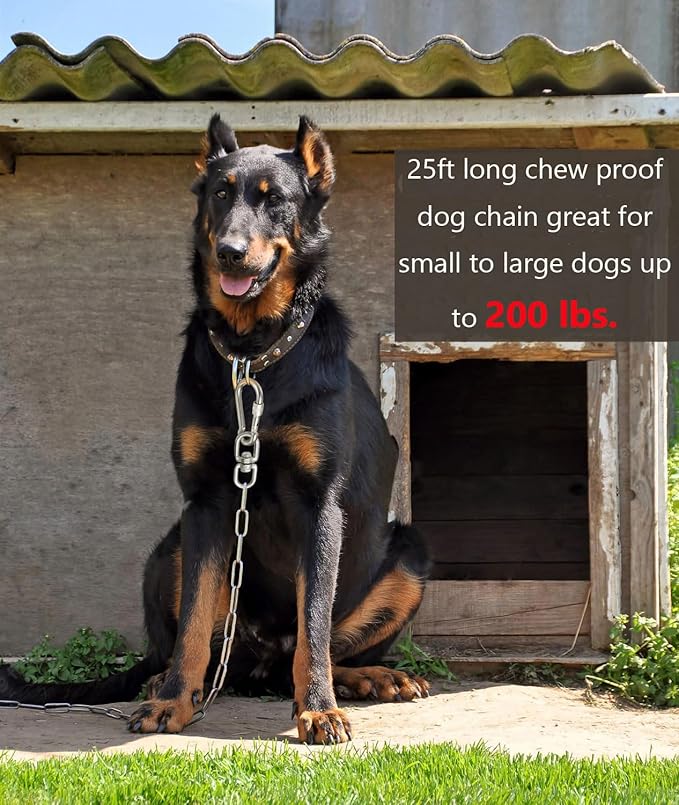 25ft Dog Chains for Outside - Heavy Duty Tie Out Chain Leash Great for Small to Large Dogs Up to 200Lbs - Chew Proof Long Chain for Yard Camping or Travel-Mewly Pet