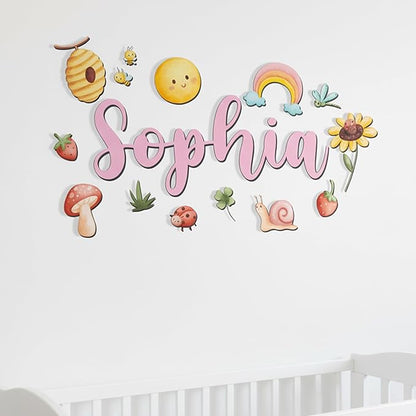 Custom Nursery Name Sign with Themed Decor Kit | Personalized Wooden Wall Art for Baby, Kids Room | Space, Jungle, Circus, Under the Sea, Woodland, Rainbow (50", Rainbow/Nature)