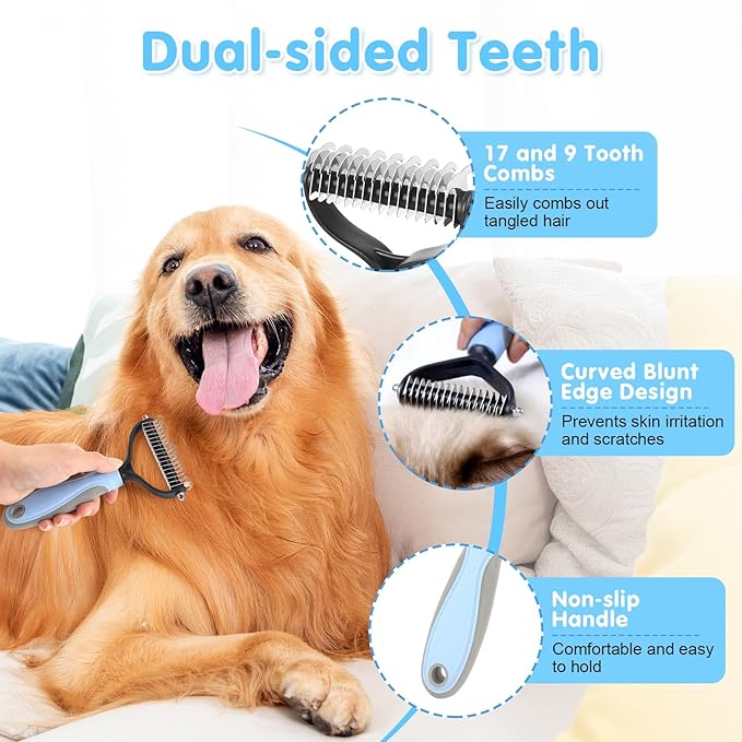 Cat Grooming Brush, 9PCS Dog Brush Kit with Pet Nail Clipper and File, Deshedding Brush for Cats, Cats Dog Shedding Brushs for Small Large Pets, Includes Flea Comb, Bath Brushs,Undercoat Rake (Blue)-Mewly Pet