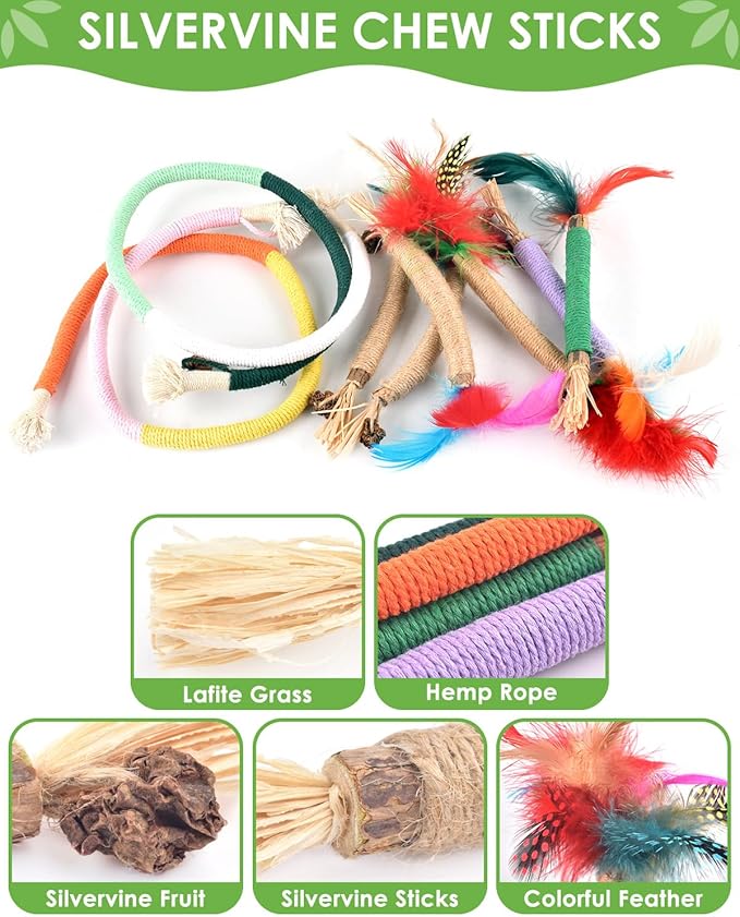 TINDTOP Cat Chew Toys, 12 Pack Silvervine Chew Sticks with 2 Pack Chew Ropes for Kittens Teeth Cleaning, Increase Appetite, Aggressive Chewers Cat Dental Toy-Mewly Pet