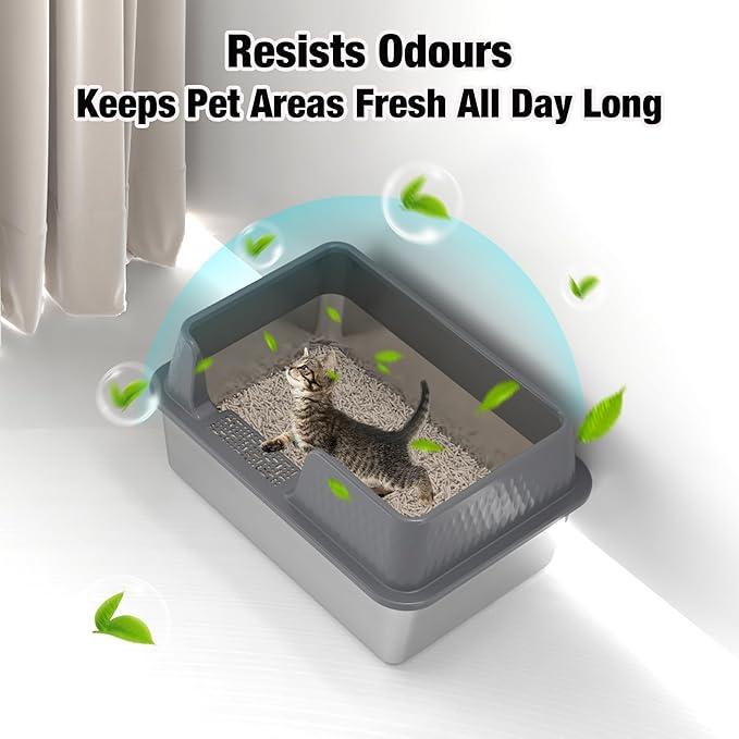 Suhaco Stainless Steel Litter Box Side Entry, Kitty Litter Mat and White Scoop Included Covered Metal High Sided Extra Large Cat Litter Box with Lid Removable Enclosure for Medium Cats (Tall Grey)-Mewly Pet