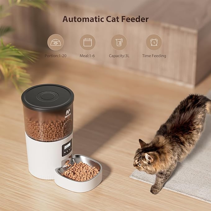 Automatic Cat Feeder, 3L Timed Pet Dry Food Dispenser with Clog-Free Design, Auto Feeder for Cats, 1-6 Meals Per Day,with Stainless Steel-Mewly Pet