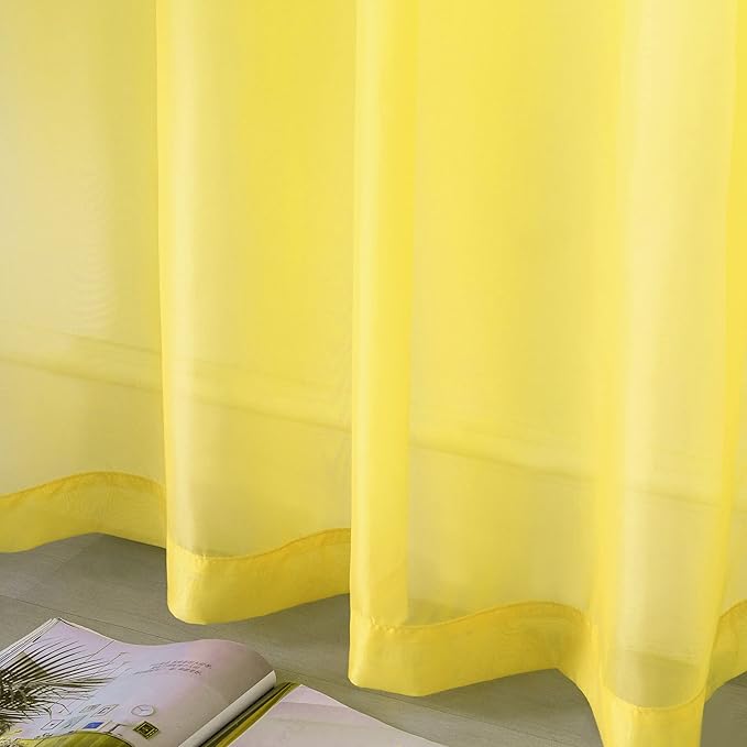 DUALIFE Bright Yellow Sheer Curtains 54 Inch Length for Kitchen 2 Panels Grommet Semi Sheer Short Curtains for Bathroom Small Windows Basement Vibrant Lemon Yellow Wide 52 by L54 Inches Long