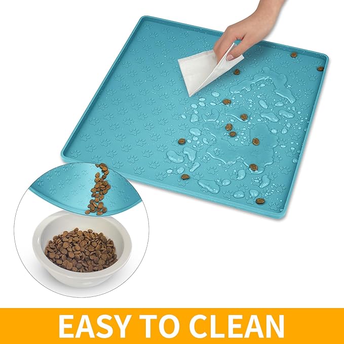 Ptlom Dog Food Mat Anti-Slip Bowl Mats for Food and Water, Waterproof Silicone Pet Placemat with High Raised Edges, Non-Slip Puppy Feeding Tray for Small, Medium Large Cats Dogs, Blue, 11.8"x11.8"-Mewly Pet