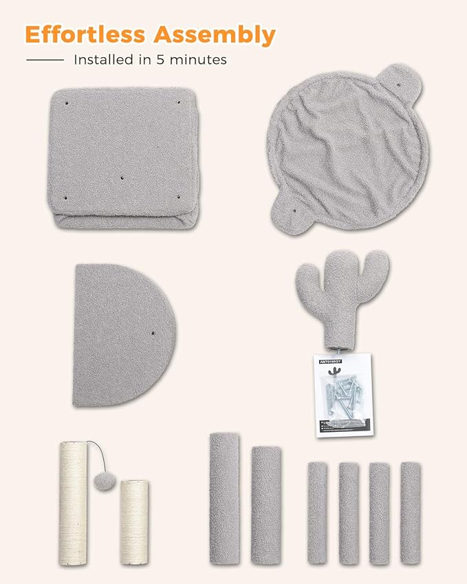 Cactus Cat Tree Cat Scratching Post 40" Cat Tower with Large Metal Carpet Hammock, Cat Scratching Post for Indoor Cats with Condo& Dangling Ball, Grey-Mewly Pet