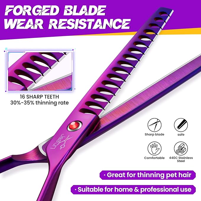 JASON 7.5" Dog Grooming Scissor - Professional Chunker Shear with Ergonomic Handle Japanese Stainless Steel Hair Scissor for Dogs, Cats and Other Pets, Sharp (Chunker, Purple)-Mewly Pet