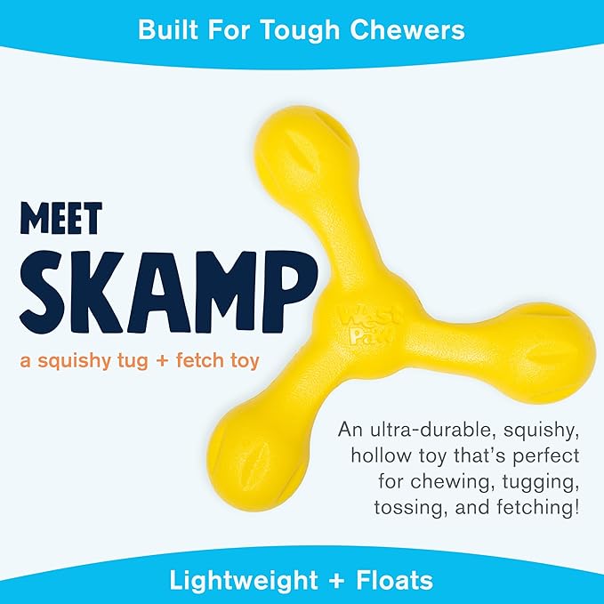 WEST PAW Zogoflex Air Skamp Tug-of-War Stick Dog Chew Toy – Hollow, Squishy Interactive Toy for Dogs, Puppies – for Chewing, Catch, Carry, Fetch, Dishwasher Safe, Latex-Free, 8.5", Dandelion Yellow-Mewly Pet