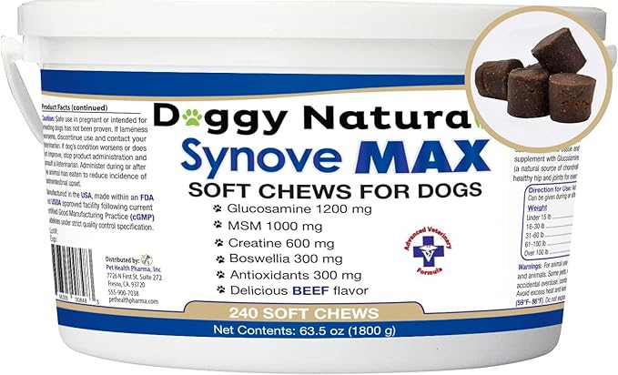 Synove Max Soft Chews for Dogs (240 Count) Beef Flavor, Joint Supplement, Glucosamine, Turmeric, Boswelllia serrata, Creatine Naturally Derived Ingredients better than synovi g4 soft chew-Mewly Pet