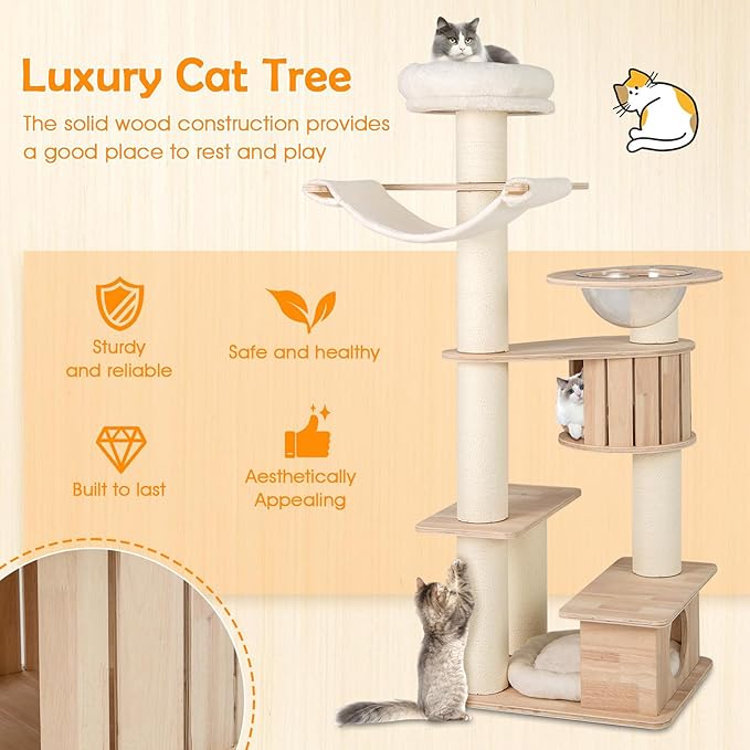 Tangkula 69” Tall Cat Tree, Multi-Layer Wood Cat Tower with Scratching Posts, Perch, Condo, Space Capsule, Hammock, Washable Cushions, Modern Cat Tree Tower for Indoor Cats Large Adult-Mewly Pet
