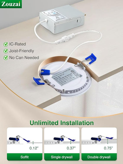 zouzai 12 Pack 4 Inch 6000K Ultra-Thin LED Recessed Light with Junction Box, 9W 810lm Dimmable,Ra>85 High Brightness - ETL an Energy Star Certified