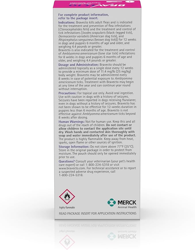 BRAVECTO Topical Solution for Dogs, Flea & Tick, 12 Week Supply, >88-123 lbs., Pink Box-Mewly Pet