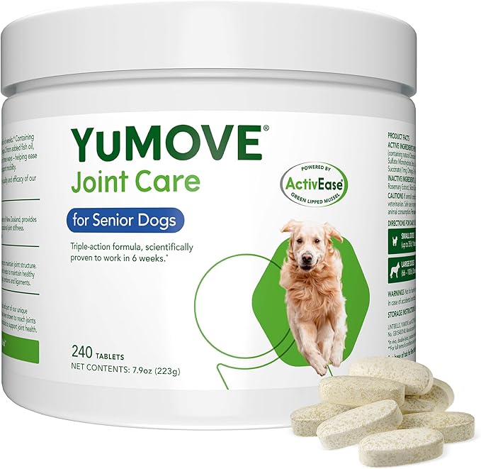 Yumove Hip & Joint Supplement for Dogs - with Glucosamine Chondroitin, Omega 3, Hyaluronic Acid, Green Lipped Mussel & Fish Oil for Dogs - Senior Dog Joint Supplement (240ct Chewable Tablets)-Mewly Pet