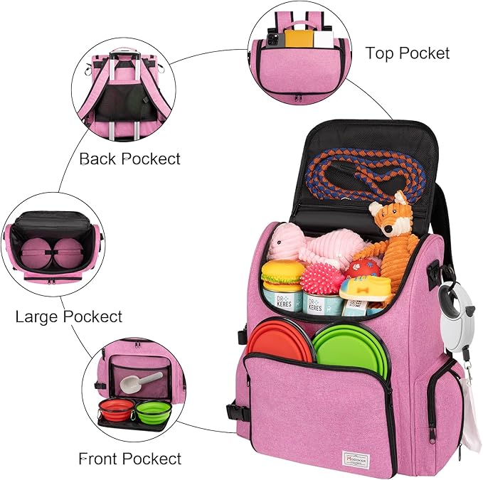 Modoker Dog Travel Bag Backpack, Airline Approved Pet Accessories Organizer for Dog and Cat with Shoulder Strap, 2 Dog Food Storage Containers, 2 Collapsible Dog Bowls,1 Pet Mat, Pink-Mewly Pet